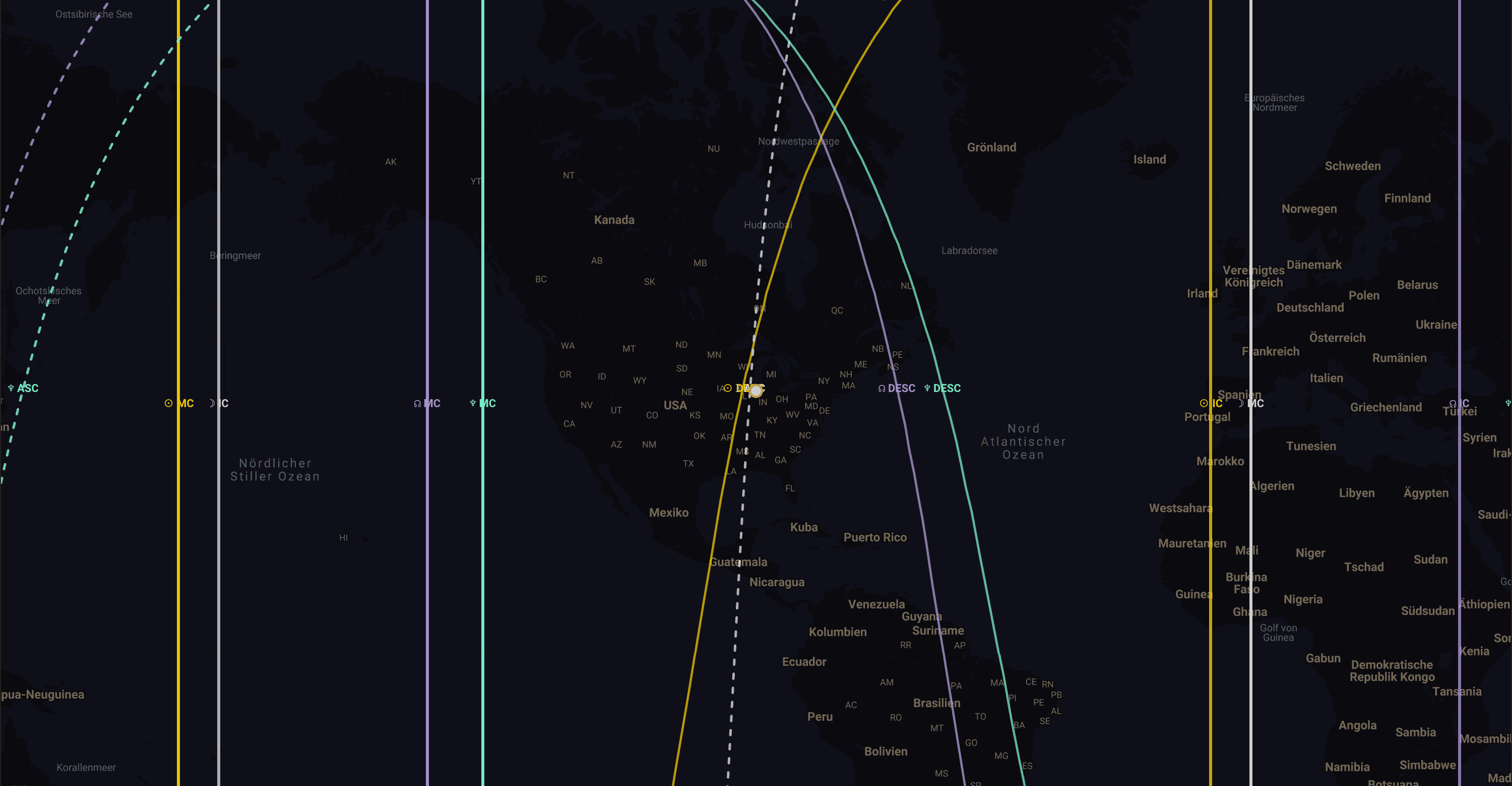 Astro-Kartographie in der App: Planetenlinien auf der Weltkarte